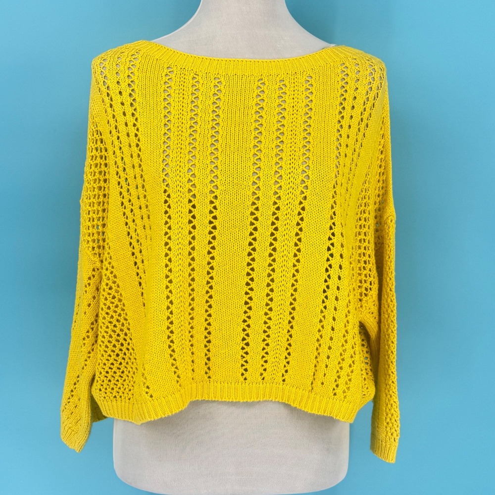 Stradivarius Yellow Open Knit Cropped Sweater Womens Small Boxy Boat Neck Mesh